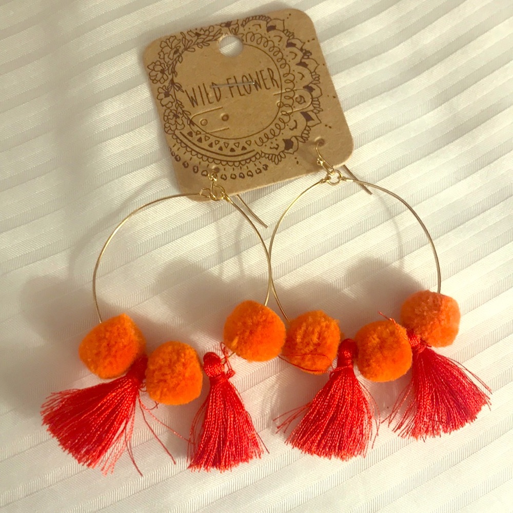 Adorable Gold hoop, Pom Pom, tassel earrings